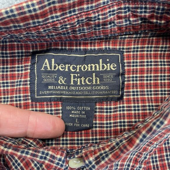 Abercrombie & Fitch Plaid Button-Down Shirt Men’s L Red Short Sleeve Pocket - Picture 4 of 9